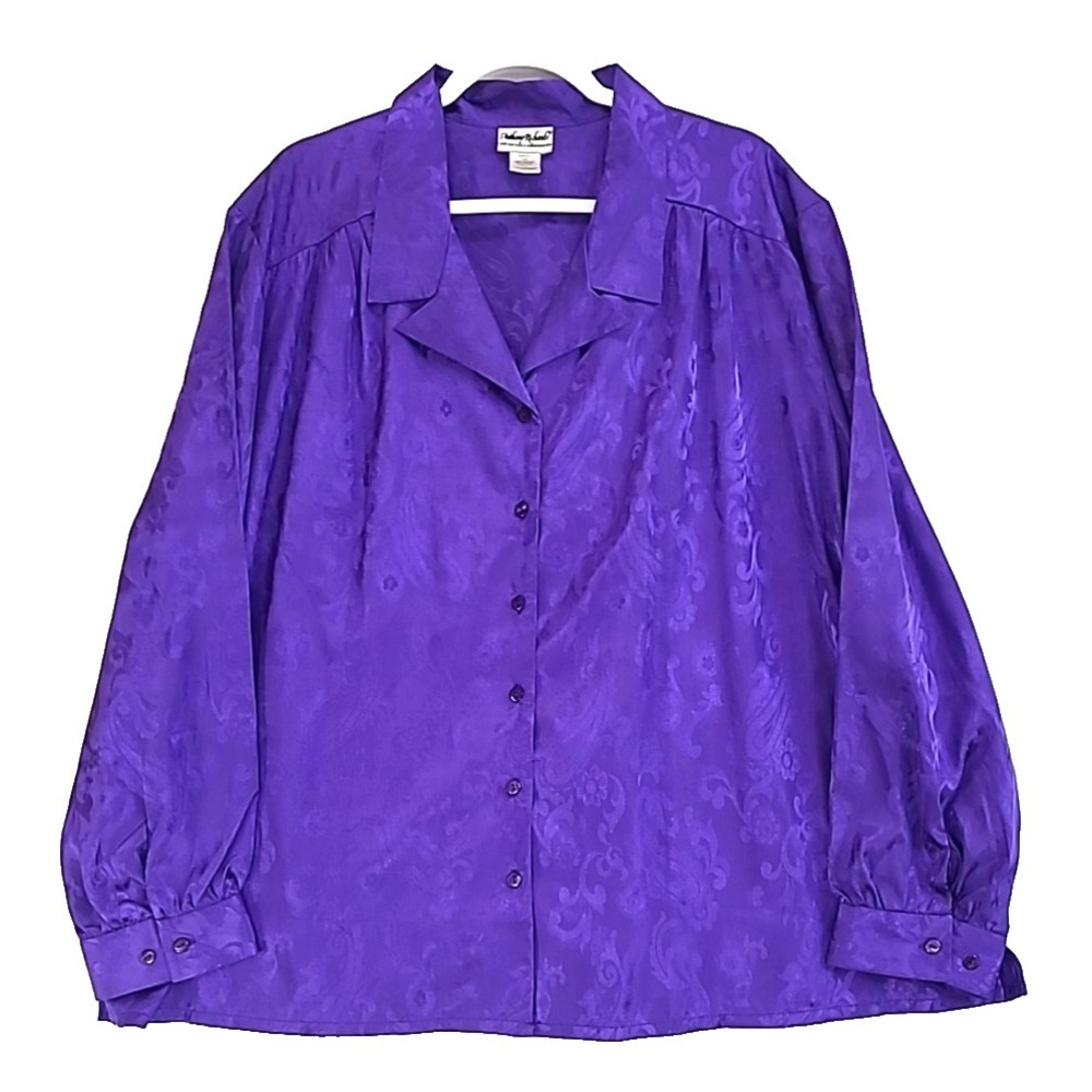 Anrhony‎ Richards Womens Blouse 24W Button Up Purple Satin Paisley Floral Vtg
